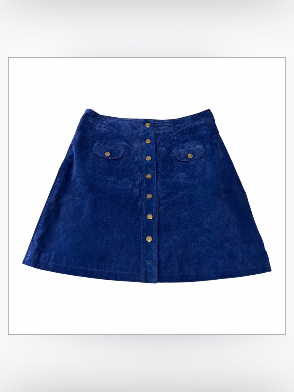 ANTHROPOLOGIE Suede Leather Vintage 70's Suede Button Mini Skirt Blue Sz 12 Boho
